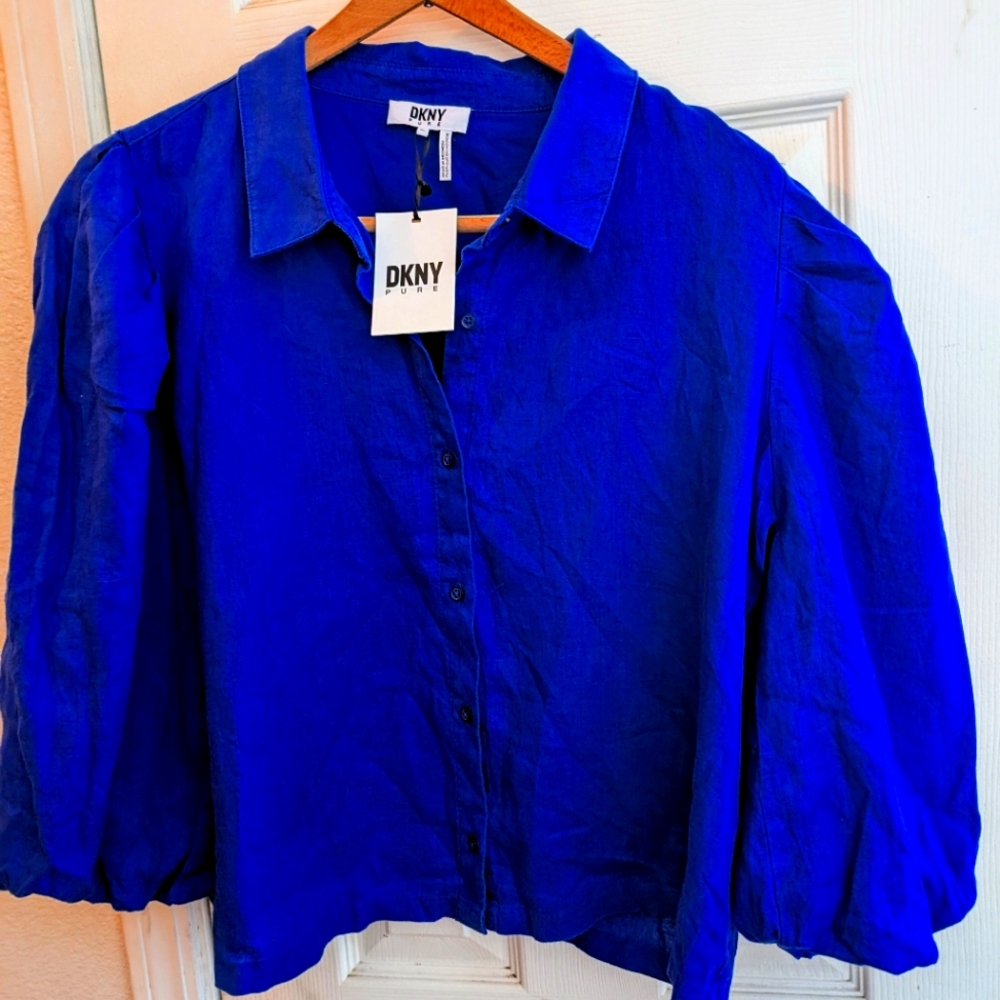 DKNY Pure Women's Cobalt Blue Boxy Button Down Shirt(NWT!)